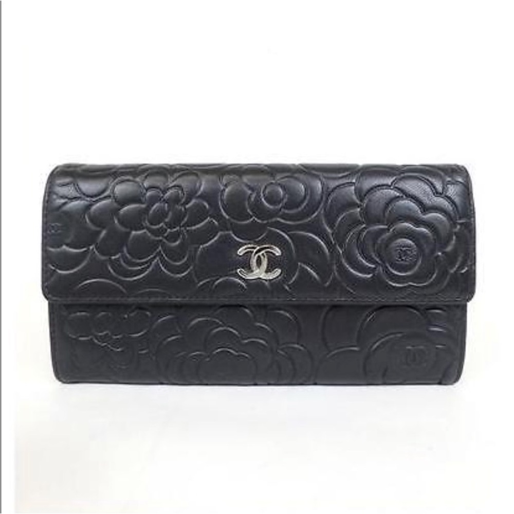 Chanel Camelia Long Black Floral Embossed Calfskin Leather Wallet